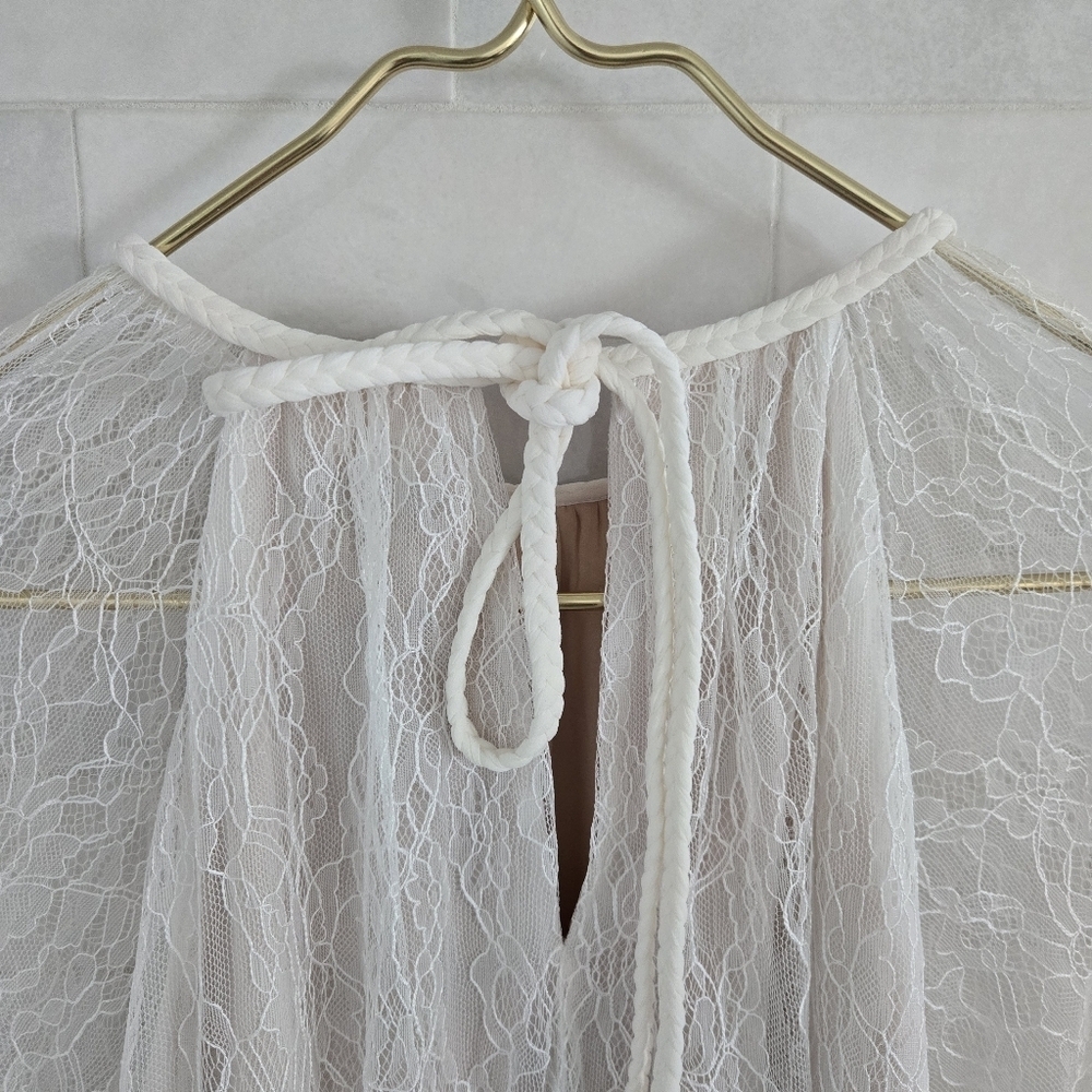 Alice + Olivia Delia Ruffled Lace Tunic Top Blouse White Sheer Mesh Bell Sleeve - Picture 9 of 10